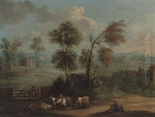 An Extensive Landscape With Herdsman And Their Cattle On A Track Oil Painting by Marc Baets