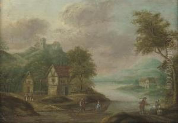 An Extensive River Landscape 
With Figures On A Boat, Travellers Conversing On A Track; And An 
Extensive River Landscape With A Woman And Child On A Track, Mountains 
Beyond Oil Painting by Marc Baets