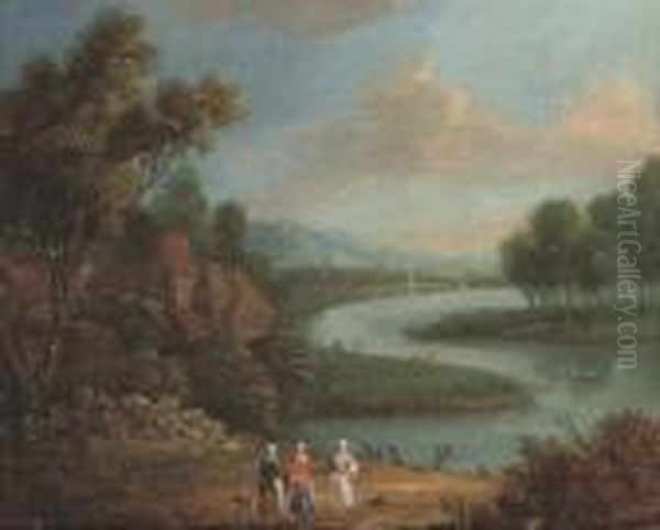 A Wooded River Landscape With Figures On A Track, A Village Beyond Oil Painting by Marc Baets