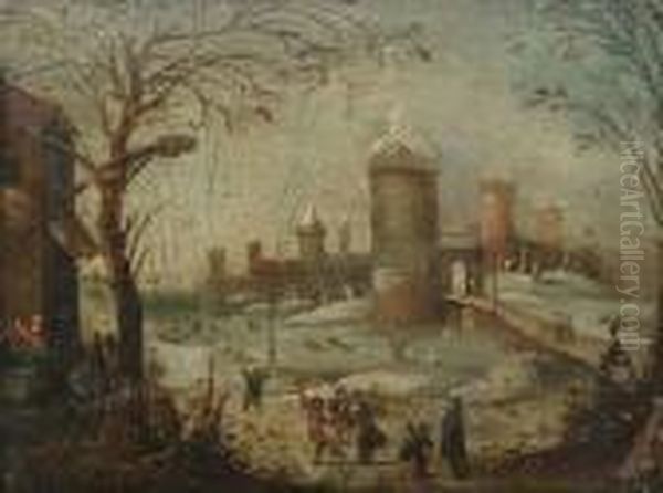 A Village Landscape With Figures
 Making Barrels In The Foreground; And A Winter Landscape With Figures 
Dancing Before A Walled Village Oil Painting by Marc Baets