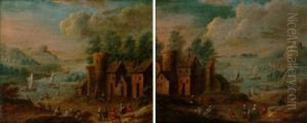 A River Landscape With Figures 
In A Village In The Foreground, A Village In The Distance; And A Village
 Landscape With Sailing Vessels On A River Beyond Oil Painting by Marc Baets