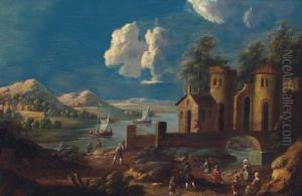 A River Landscape With Peasants 
On A Track Before A Bridge Andtower, Fishing Boats Beyond Oil Painting by Marc Baets
