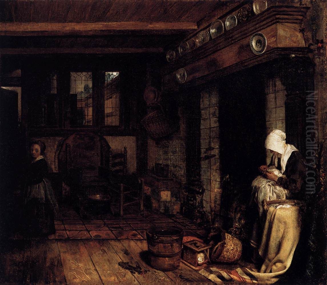 Dutch Interior with Woman Sewing Oil Painting by Esaias Boursse