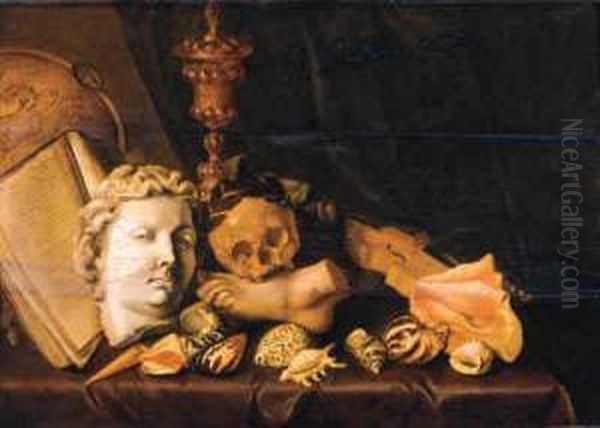 A Vanitas Still Life With A 
Globe, A Manuscript, The Head And Footof Classical Sculptures, A Gilt 
Cup And Cover, A Skull, A Violinand Shells On A Draped Table By A 
Curtain Oil Painting by David Bailly