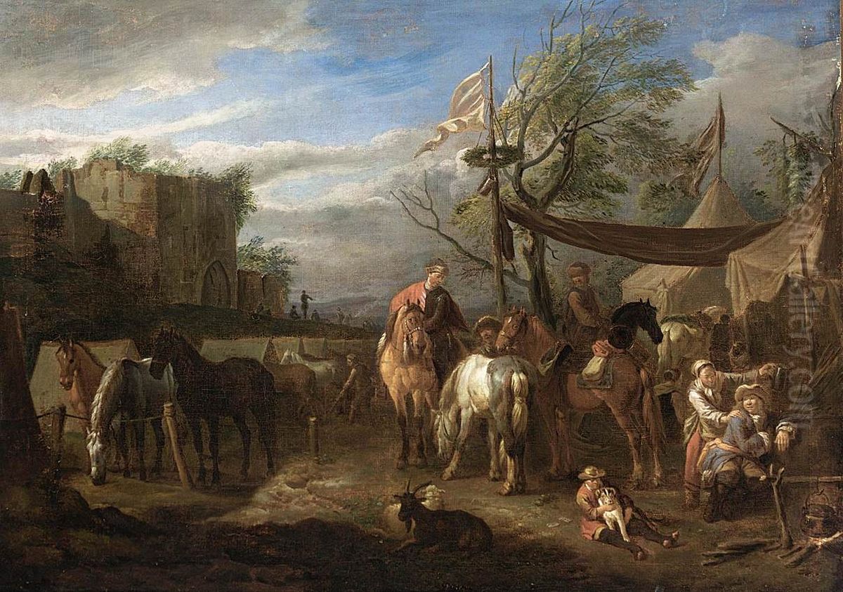 Riders Resting at a Military Encampment Oil Painting by Pieter van Bloemen