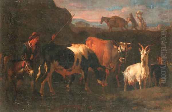 A cowherd with cattle, a goat and a donkey in an Italianate landscape Oil Painting by Pieter van Bloemen