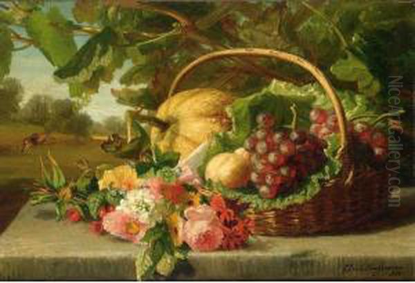 A Still Life With Flowers, Grapes And A Melon Oil Painting by Geraldine Jacoba Van De Sande Bakhuyzen