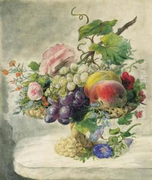 A Still Life With Peaches, 
Grapes, Roses, Morning Glory,forget-me-not, Pelargonium And Other 
Flowers On A Fruitstand Oil Painting by Geraldine Jacoba Van De Sande Bakhuyzen