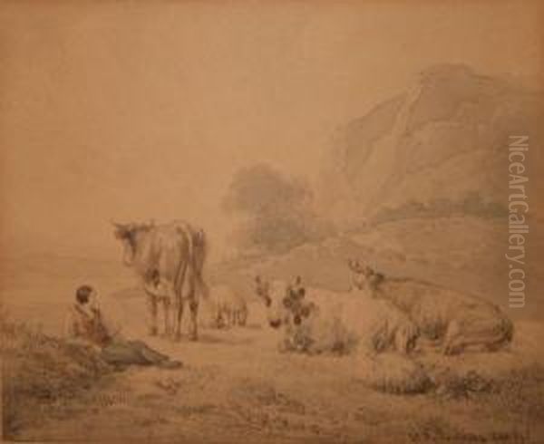 Herder With Cattle And Sheep In A
Mountain Landscape Oil Painting by Hendrikus van den Sande Bakhuyzen