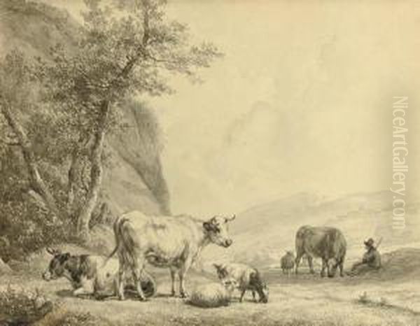 Cattle In A Peaceful Meadow Oil Painting by Hendrikus van den Sande Bakhuyzen