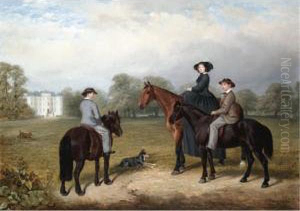 Mrs Samuel Garnett Mounted On A 
Bay Hunter With Her Two Sons, John And Samuel Mounted On Ponies, Outside
 Arch Hall, County Meath Oil Painting by James Walsham Baldock