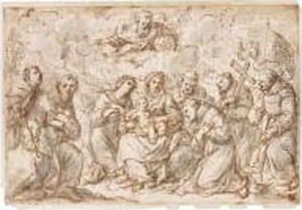 The Virgin And Child In A 
Landscape With The Magdelen, John The Baptist, Various Saints And God 
The Father Above Oil Painting by Antonio Balestra