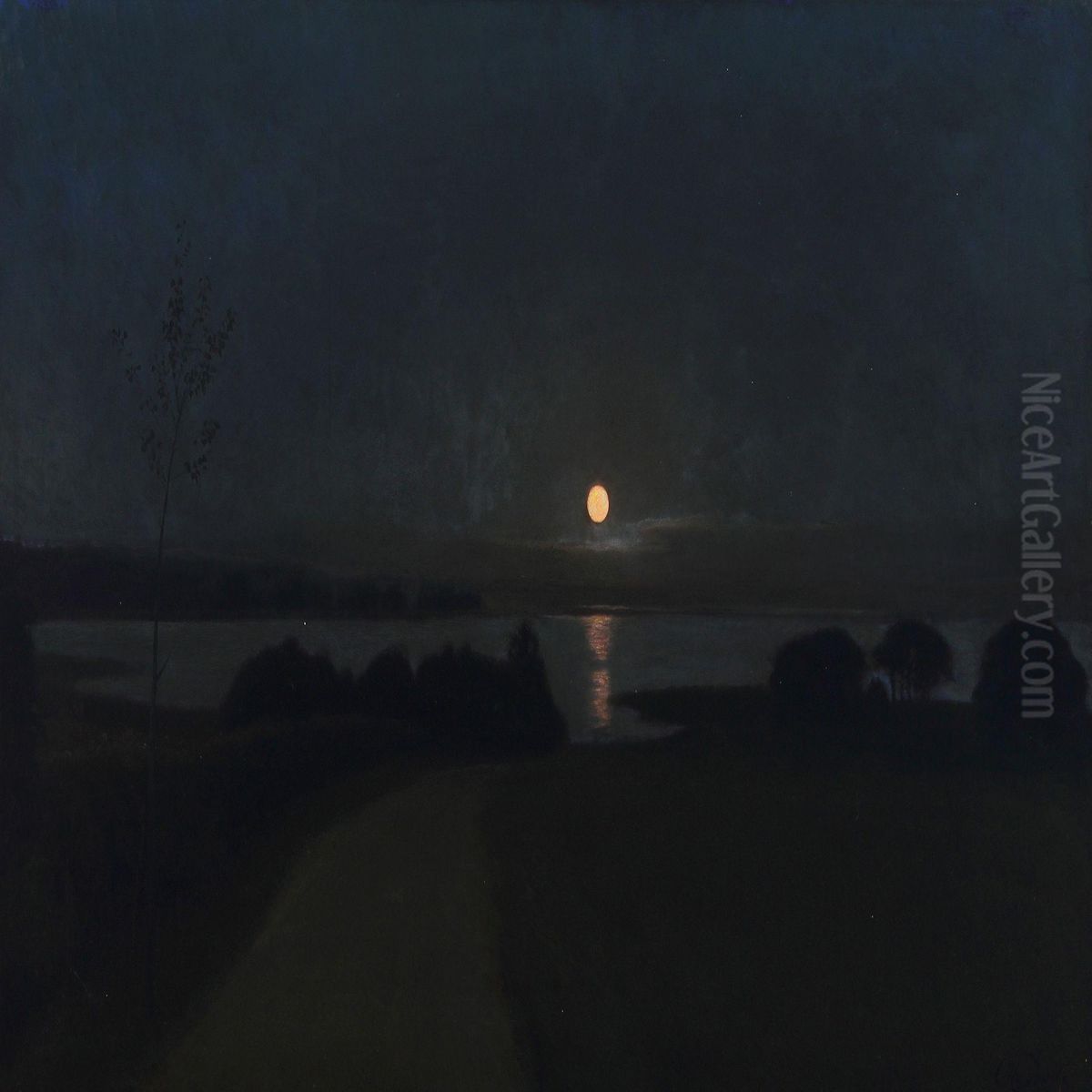 Lake With Fullmoon Oil Painting by Otto Petersen Balle