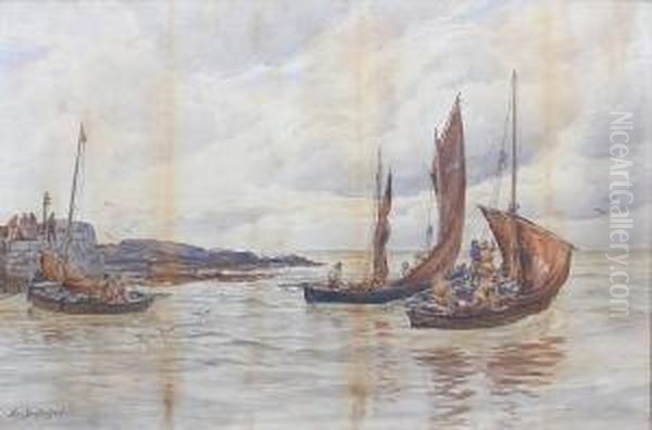 Fishing Boats By A Jetty Oil Painting by Alexander Ballingall