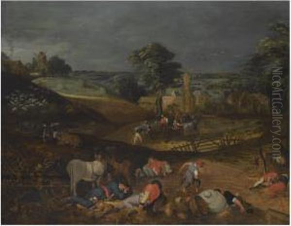 Landscape With Peasants 
Harvesting, While Others Rest In Theforeground, Or 'the Devil Sewing 
Tares' Oil Painting by Peeter Baltens