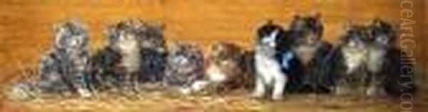 Parade Of Cats. Signed. Oil On Panel. 40 X 12ins Oil Painting by Bessie, Betsie Bamber