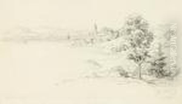 Bayerische Seenlandschaft Mit Kirchdorf Oil Painting by Friedrich Bamberger