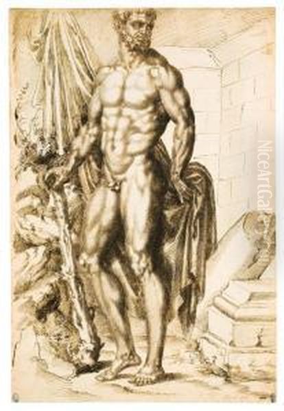 Hercules Turned To The Left, Leaning On A Club, Holding Drapery, Bythe Ruins Of A Temple
With Inscriptions 'del Paserotti' And 'di Baccio' 
Pen And Brown Ink Over Stylus Indications ,watermark Crowned Shield Oil Painting by Baccio Bandinelli