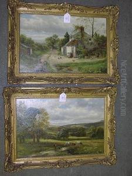 Pastoral Landscape With Figures, Cattle And A Dog, Signed And Dated 1891, Oil On Canvas Oil Painting by Alfred Banner