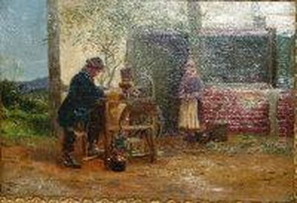Active - 19th Century Oil On 
Canvas Jenre Scene Depicting Trademan At His Wheel Figure In Background 
Signed Lower Right 24cm X 35cm Oil Painting by Alfred Banner