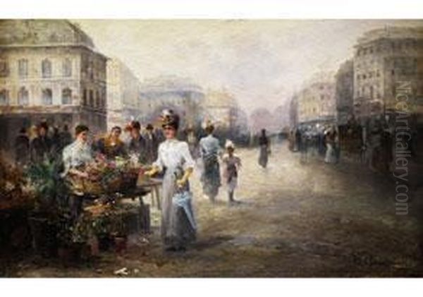 Blumenmarkt In Einer Breiten 
Grossstadtstrasse Mit Kutschen, Passanten Und Einer Jungen Dame Am 
Blumenstand Oil Painting by Emil Barbarini