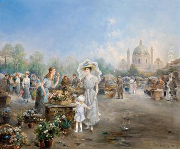 Mercato Dei Fiori Davanti Alla Chiesa Di San Carlo Oil Painting by Emil Barbarini