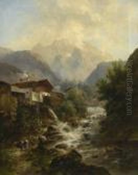Bauernhauser Am
 Gebirgsbach. Oil Painting by Emil Barbarini