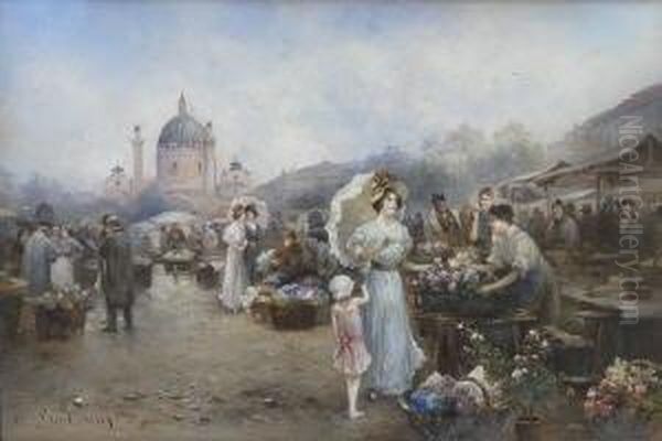 Blumenmarkt Auf Dem Wiener
 Karlsplatz. Oil Painting by Emil Barbarini