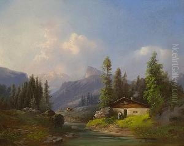 Almhutte Am Gebirgsbach. Oil Painting by Gustav Barbarini