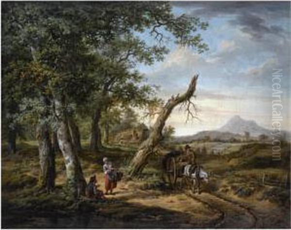 A Wooded, Hilly Landscape With A
 Farmer On A Horse-drawn Cart On A Muddy Path, Peasants Resting Nearby, A
 Farmhouse Beyond Oil Painting by Pieter Bartholomeusz. Barbiers IV