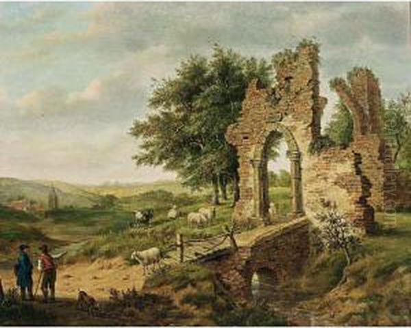 A Landscape With An Artist 
Conversing With A Shepherd, His Flock Grazing Nearby Amongst Ruins, A 
View Of A Hamlet Beyond Oil Painting by Pieter Bartholomeusz. Barbiers IV