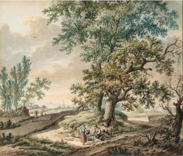 Rural Landscape With A Peasant 
Couple Resting By Large Trees, A Cornfield And A Church Behind Oil Painting by Pieter Bartholomeusz. Barbiers IV