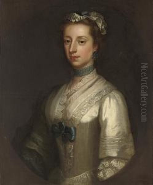 Portrait Of Elizabeth, 
Viscountess Lewisham (d. 1745), Countess Ofguilford, Half-length, In A 
White Dress With Blue Trimmings And Alace Cap, In A Feigned Oval Oil Painting by Thomas Bardwell