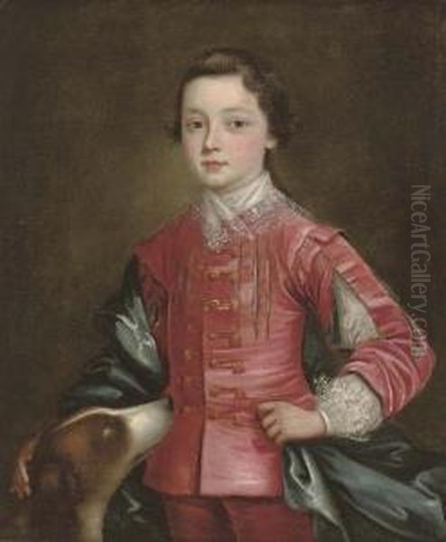 Portrait Of A Boy, 
Three-quarter-length, In A Red Slashed Doublet With A Blue Mantle, A 
Spaniel At His Side Oil Painting by Thomas Bardwell