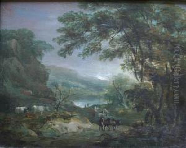 Attributed To Benjamin Barker Of
 Bath A Wooded Lake Landscape With Cattle And A Traveller With A Horse 
On A Lane Oil On Panel 23.5 X 29.5cm Oil Painting by Benjamin Barker Of Bath