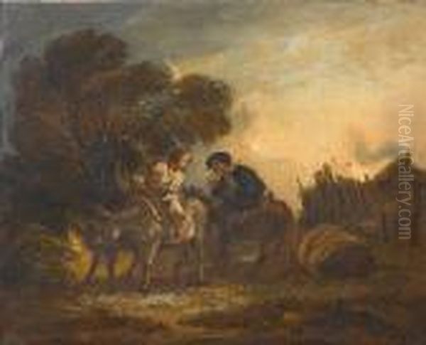Travellers On Donkeys On A 
Country Path; A Shepherd And Shepherdess In A Landscape With Horses 
Beyond Oil Painting by Benjamin Barker Of Bath