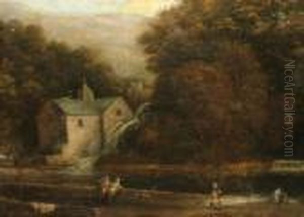 Follower Of Benjamin Barker Of 
Bath -- Figures By A River With A Mill And Woodland Beyond Oil Painting by Benjamin Barker Of Bath