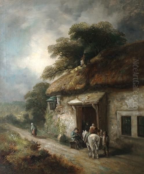 Figures Taking Refreshments 
Before An Inn; A Workman And A Horse Drawn Wagon Beside A Country Road Oil Painting by John Joseph Barker Of Bath