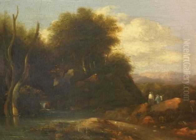 Travelers In A Mountainous Landscape Oil Painting by Thomas Jones Barker