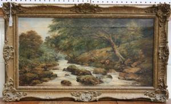 Welsh Landscape With Cattle 
Grazing At The Edge Of A River And Children Fishing On The Opposite Bank Oil Painting by Adam Barland