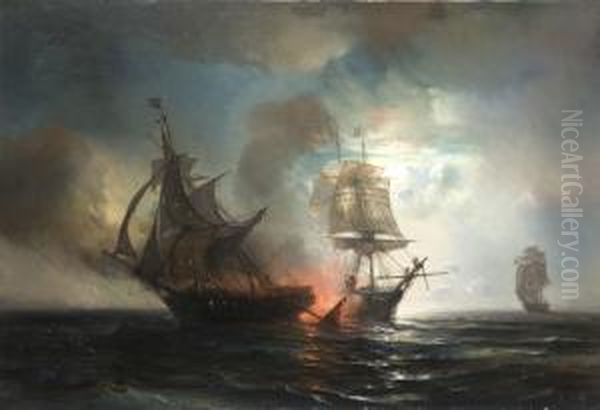 L'attaque D'un Navire Anglais Au Clair De Lune Oil Painting by Theodore Gudin