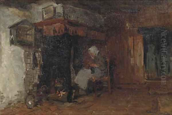 Knitting by the fire Oil Painting by Bernardus Johannes Blommers