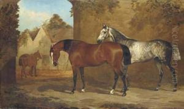 A Bay And A Grey Hunter In A Courtyard, With A Groom Leadinganother Horse To A Stable Oil Painting by Henry Barraud