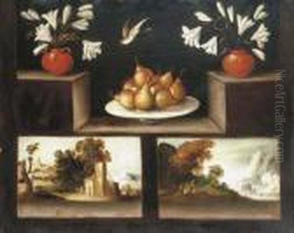 Two Vases Of White Lilies, Pears
 In A Porcelain Dish And Twolandscape Paintings On A Stone Ledge Oil Painting by Francisco Barrera
