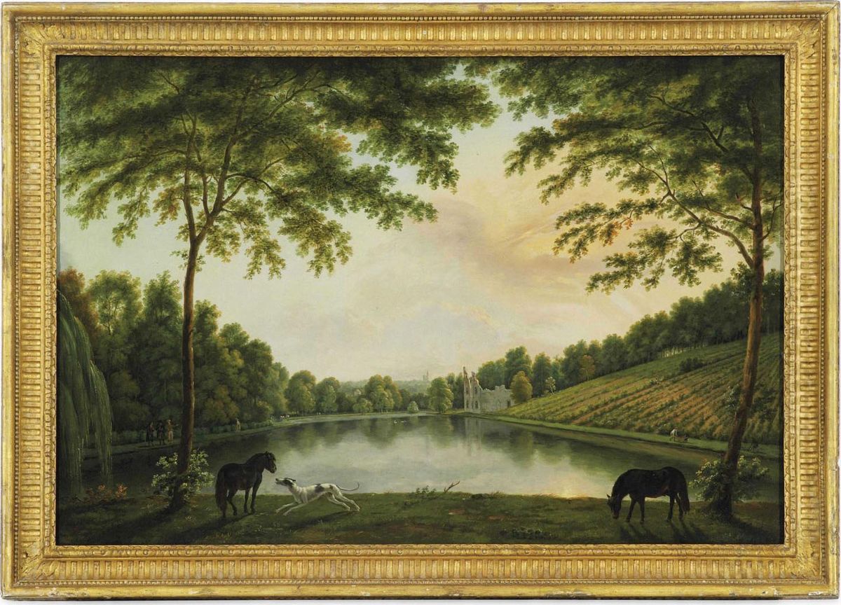 View Of Lord Hamilton's 
Landscape Garden At Painshill, Surrey,from The East End Of The Lake With
 The Vineyard And Ruined Abbey Oil Painting by George Cuitt
