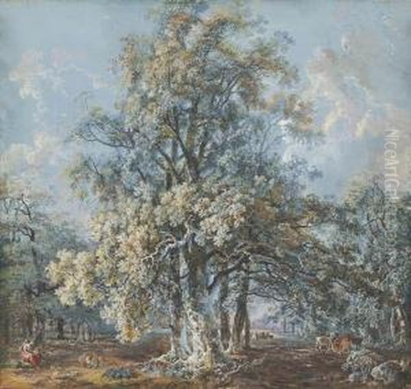 A Mother And Children Resting 
Beneath A Large Beech Tree, Deergrazing Beyond, Possibly In Norbury Park Oil Painting by George Cuitt