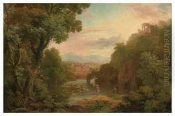 A Classical Landscape With 
Fishermen And A Washerwoman, A Hilltopvilla And Mountains Beyond Oil Painting by George Cuitt
