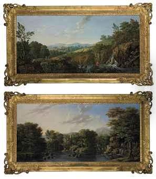 A Wooded River Landscape With A 
Man Fishing In The Foreground, Ashepherd Playing A Flute Beside A Flock 
Of Sheep And A Town Beyond;and A Wooded River Landscape With Fishermen 
In A Boat, A Ruinedbuilding Beyond And Figures Crossing A Bridge Oil Painting by George Cuitt