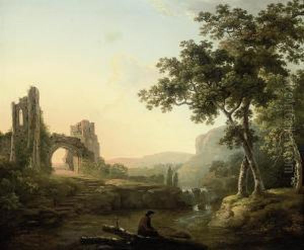 A Wooded River Landscape With A Man And His Dog By A Waterfall,ruins Beyond Oil Painting by George Cuitt