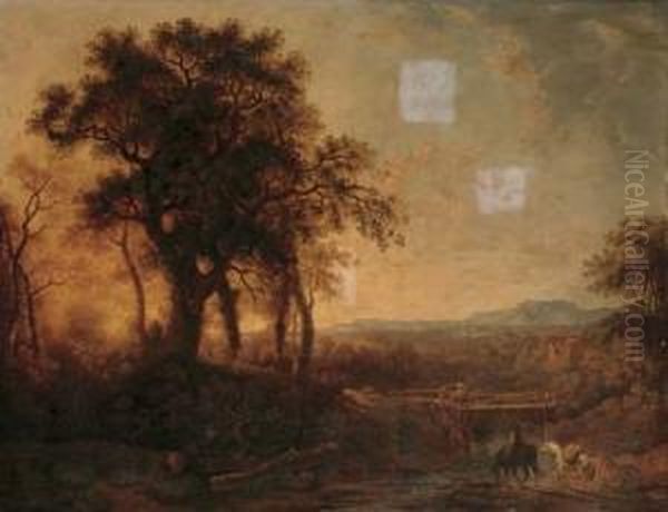 River Landscape With A Traveller
 Watering His Horse And Figures Crossing A Bridge In The Foreground, A 
Mountain Range Beyond Oil Painting by George Cuitt